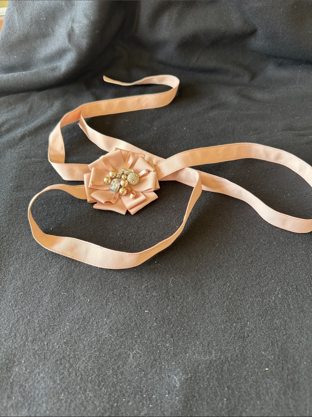 Talbots Blush Peach Ribbon Flower Belt with Crystal Cluster